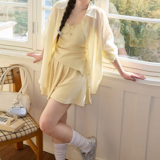 V-Neck Plain Asymmetrical Bow Accent Camisole Top / Long-Sleeve Button-Up Sheer Shirt / High Rise Mini A-Line Skirt / Set