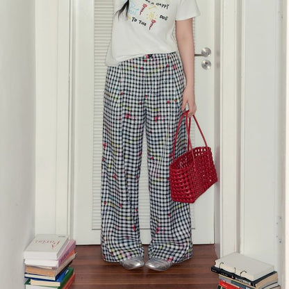 Short-Sleeve Round Neck Lettering Embroidered Tee / High Rise Plaid Wide Leg Pants