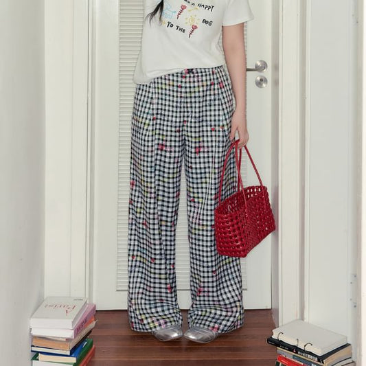 Short-Sleeve Round Neck Lettering Embroidered Tee / High Rise Plaid Wide Leg Pants