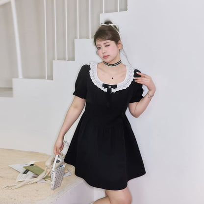 Puff-Sleeve Scoop Neck Lace Panel Bow Accent Mini A-Line Dress