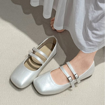 Square Toe Metallic Mary Jane Flats