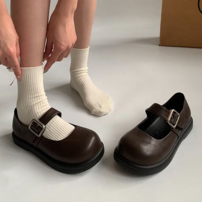 Faux Leather Plain Mary Jane Shoes