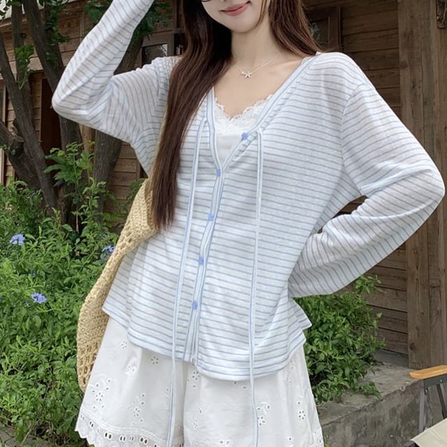 V-Neck Striped Button-Up Lightweight Jacket
