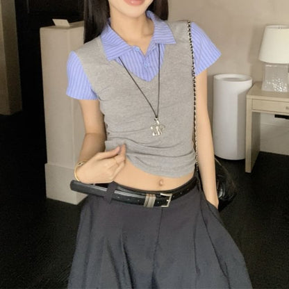 Short-Sleeved Collared Mock Two-Piece Cropped Polo Shirt