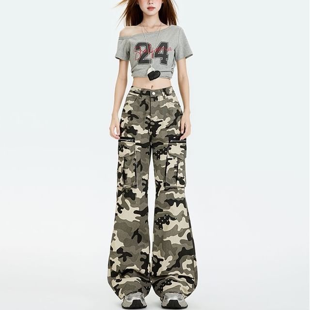 Mid Rise Camo Print Flared Cargo Pants (Various Designs)