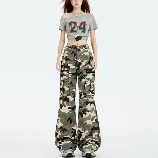 Mid Rise Camo Print Flared Cargo Pants (Various Designs)