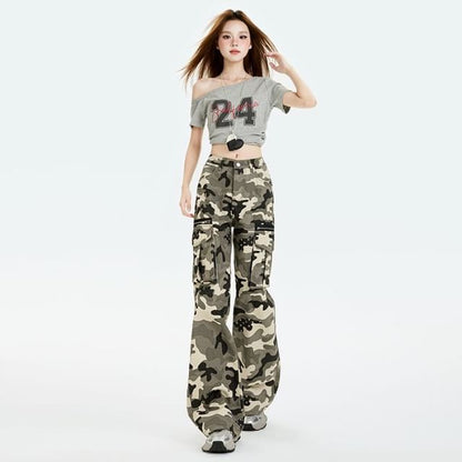 Mid Rise Camo Print Flared Cargo Pants (Various Designs)