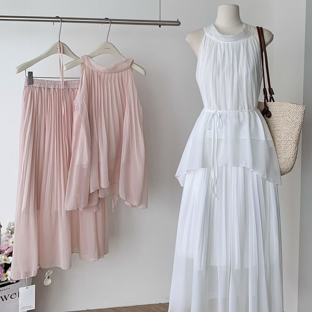 Halter Plain Asymmetric Blouse & High-Waisted Maxi A-Line Skirt Set