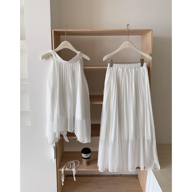 Halter Plain Asymmetric Blouse & High-Waisted Maxi A-Line Skirt Set