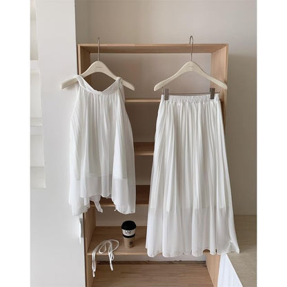 Halter Plain Asymmetric Blouse & High-Waisted Maxi A-Line Skirt Set