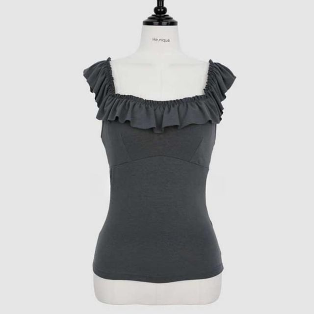 Ruffle-Hem Square-Neck Sleeveless Plain Crop Blouse