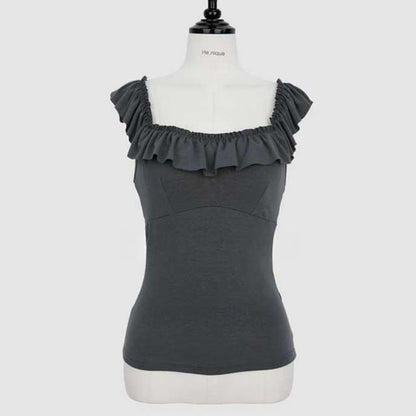 Ruffle-Hem Square-Neck Sleeveless Plain Crop Blouse