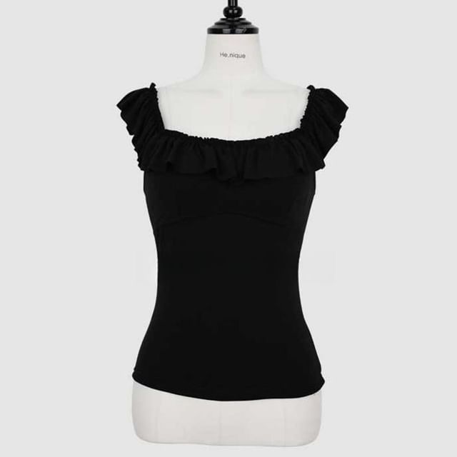 Ruffle-Hem Square-Neck Sleeveless Plain Crop Blouse