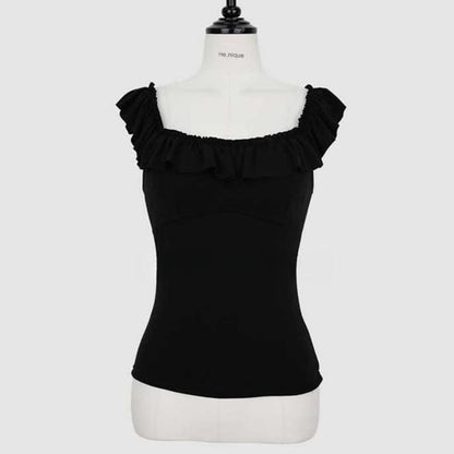 Ruffle-Hem Square-Neck Sleeveless Plain Crop Blouse