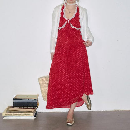 Halter Dotted Bow Lace Trim Midi A-Line Dress / Plain Cardigan