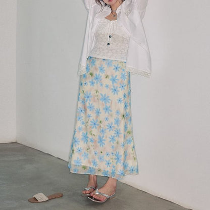 Long-Sleeve Lace Trim Oversized Shirt / Bow Slim Fit Tube Top / High Rise Floral Midi A-Line Skirt