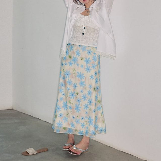 Long-Sleeve Lace Trim Oversized Shirt / Bow Slim Fit Tube Top / High Rise Floral Midi A-Line Skirt