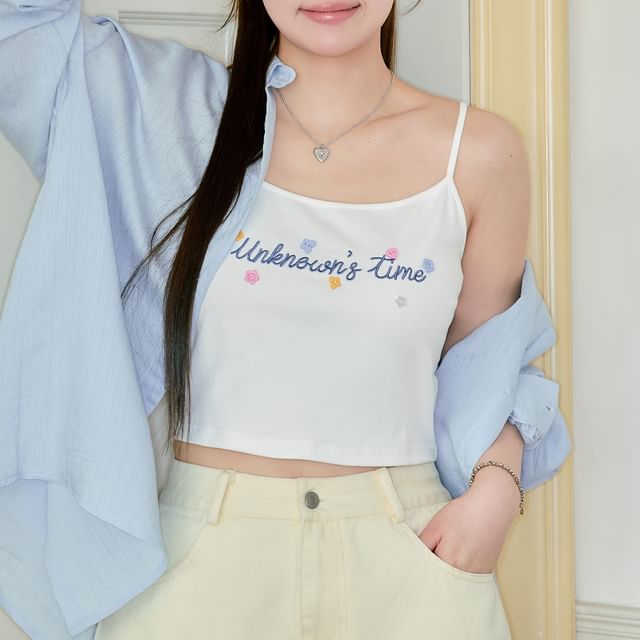 Lettering Crop Camisole Top / Long-Sleeve Plain Oversized Shirt / High Waist Roll Up Denim Shorts