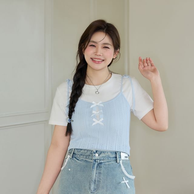 Short-Sleeve Round Neck Plain Slim Fit Tee / Bow Cami Top / High Waist Lace Trim Washed Mini Pencil Skirt / Set