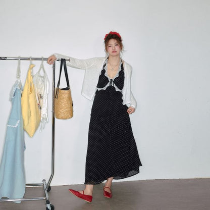 Halter Dotted Bow Lace Trim Midi A-Line Dress / Plain Cardigan