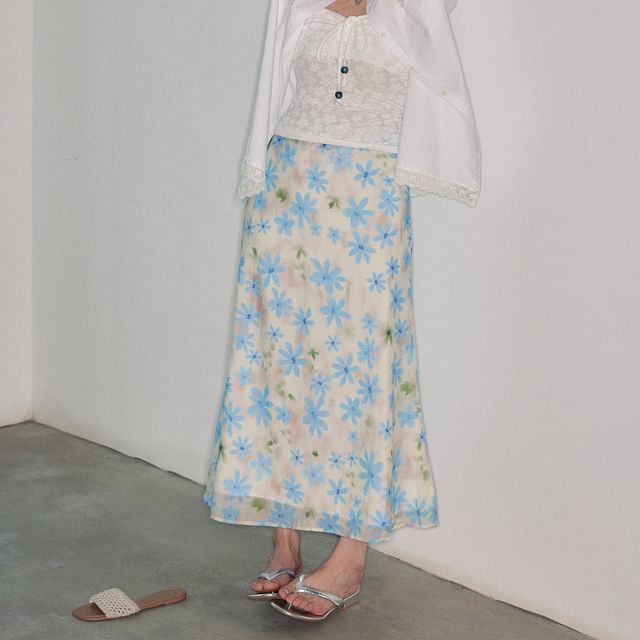 Long-Sleeve Lace Trim Oversized Shirt / Bow Slim Fit Tube Top / High Rise Floral Midi A-Line Skirt