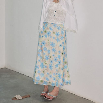 Long-Sleeve Lace Trim Oversized Shirt / Bow Slim Fit Tube Top / High Rise Floral Midi A-Line Skirt