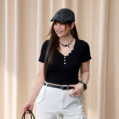 Short-Sleeve V-Neck Henley Ribbed Crop Slim Fit T-Shirt