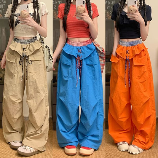 Mid Waist Plaid Panel Baggy Cargo Pants