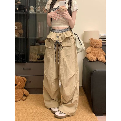 Mid Waist Plaid Panel Baggy Cargo Pants