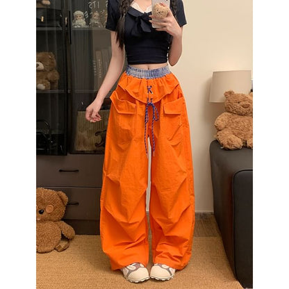 Mid Waist Plaid Panel Baggy Cargo Pants