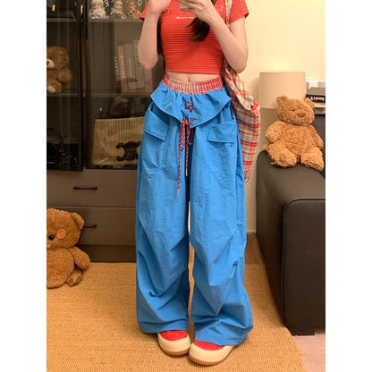 Mid Waist Plaid Panel Baggy Cargo Pants