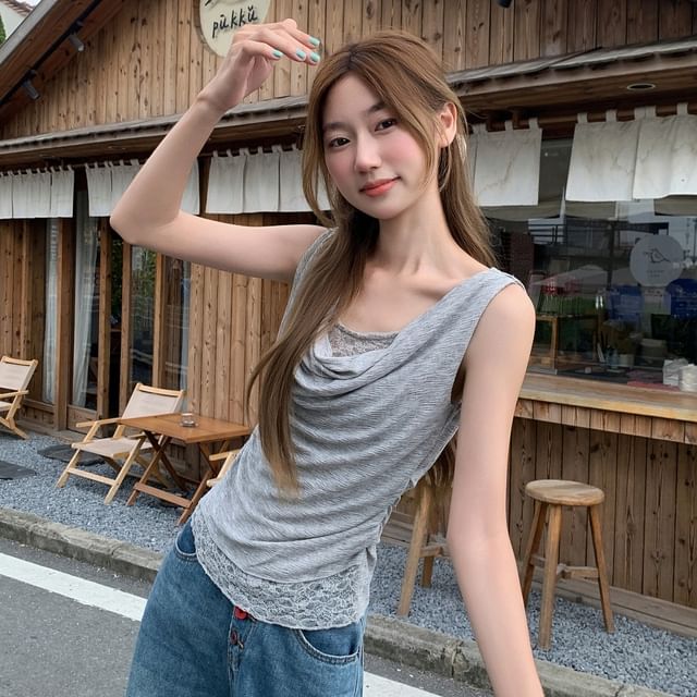 Mock Two-Piece Cowl-Neck Ruched Lace-Panel Crop Tank