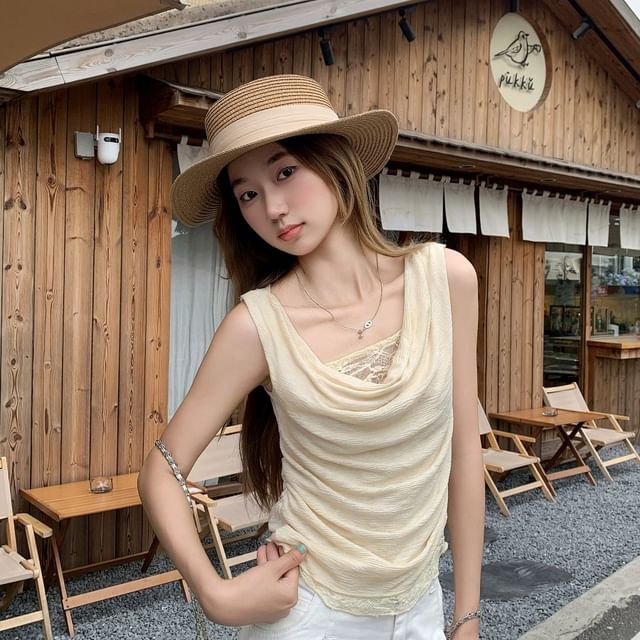 Mock Two-Piece Cowl-Neck Ruched Lace-Panel Crop Tank