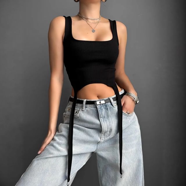 Scoop-Neck Plain Fringed Cropped Tank Top