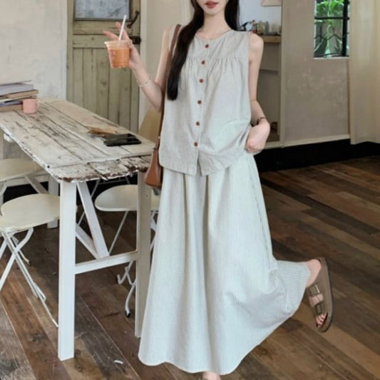 Sleeveless Round-Neck Striped Buttoned Top & High-Rise Maxi A-Line Skirt