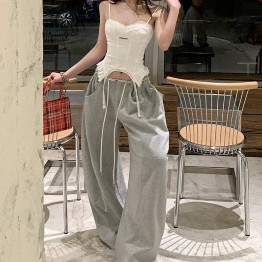 Plain Ruffled Cami & Lace-Trimmed Drawstring Baggy Sweatpants