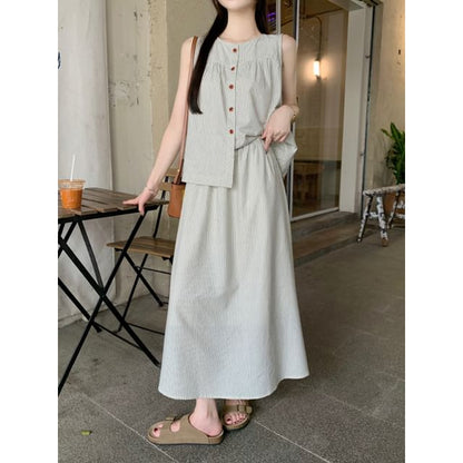 Sleeveless Round-Neck Striped Buttoned Top & High-Rise Maxi A-Line Skirt