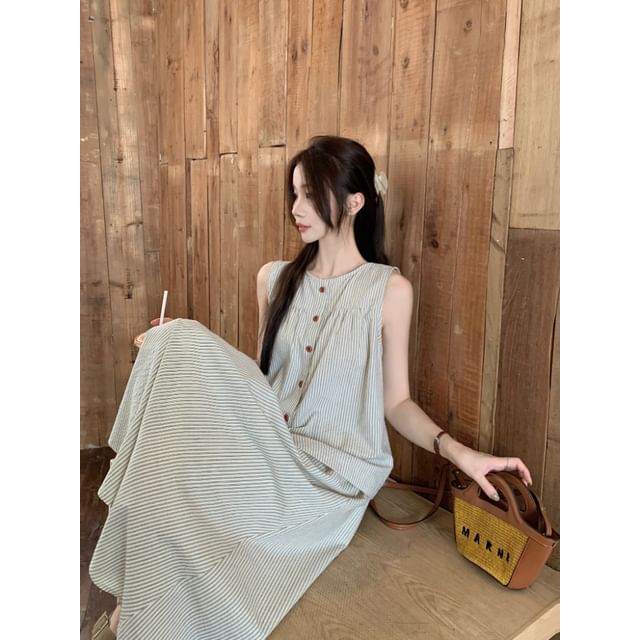 Sleeveless Round-Neck Striped Buttoned Top & High-Rise Maxi A-Line Skirt