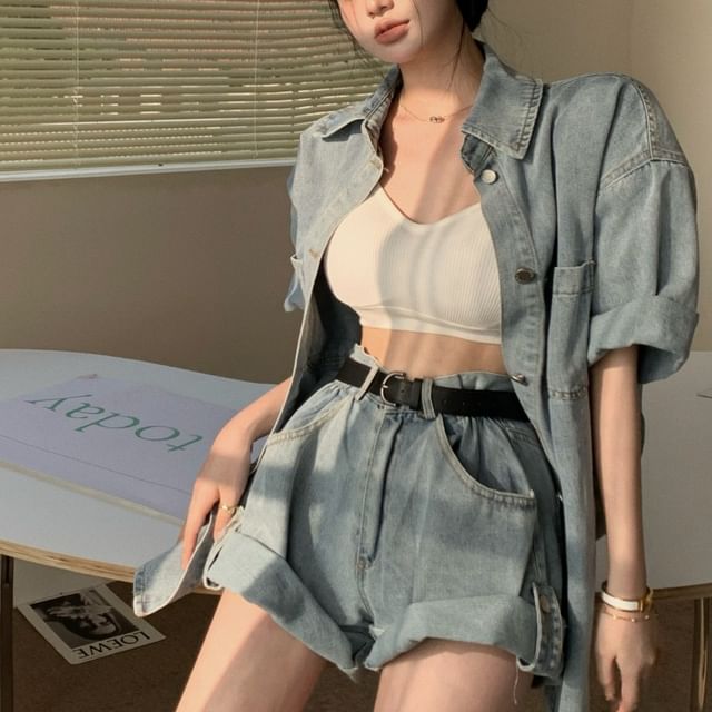 Short-Sleeved Collared Washed Denim Shirt & High-Waisted Shorts & Belt Set
