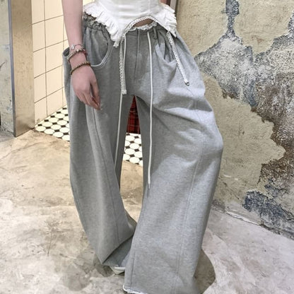 Plain Ruffled Cami & Lace-Trimmed Drawstring Baggy Sweatpants