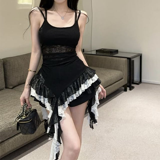 Spaghetti-Strap Scoop-Neck Plain Lace Cami & High-Rise Mini A-Line Skirt