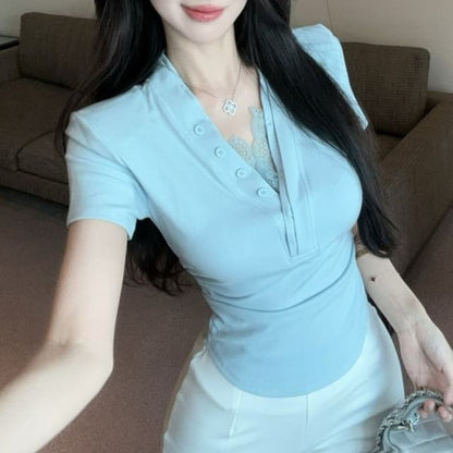 Short-Sleeved V-Neck Plain Lace-Trimmed Cropped Tee