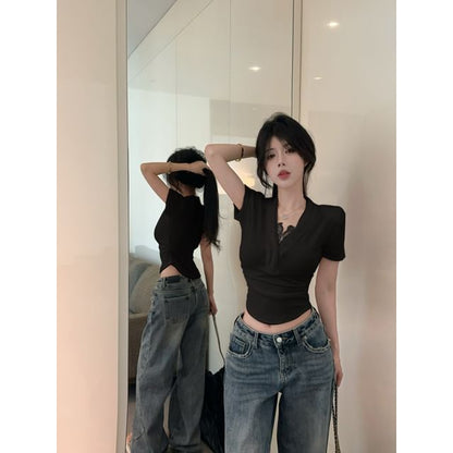 Short-Sleeved V-Neck Plain Lace-Trimmed Cropped Tee