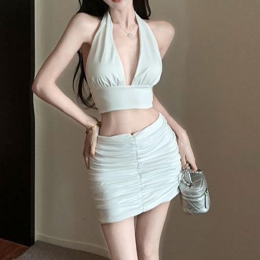 Halter Plain Cropped Slim-Fit Tank & High-Rise Ruched Mini Pencil Skirt Set