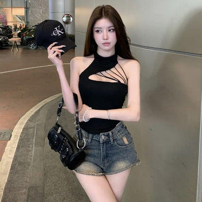 Halter Plain Cutout Cropped Slim-Fit Tank Top