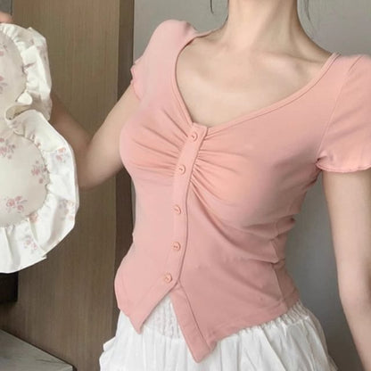 Buttoned Short-Sleeved V-Neck Plain Shirt