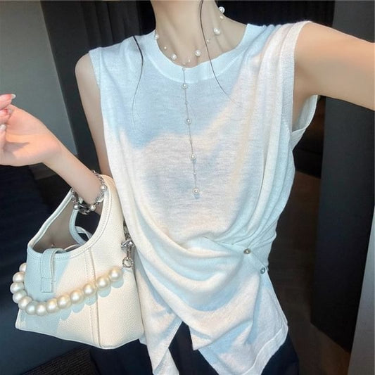 Slit-Hem Crewneck Sleeveless Plain Knit Blouse