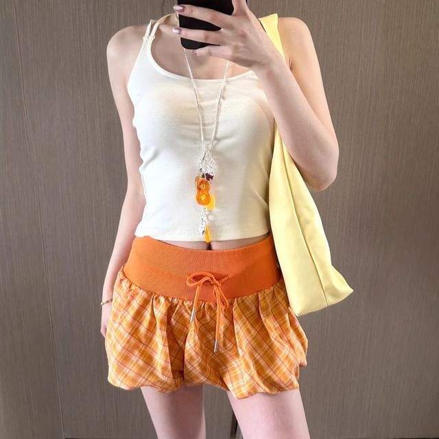Strappy Plain Crop Top with Plaid Drawstring Mini Skirt