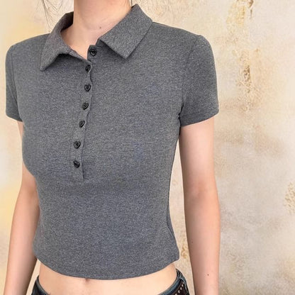 Plain Short-Sleeved Cropped Polo Shirt