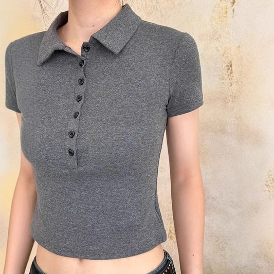 Plain Short-Sleeved Cropped Polo Shirt